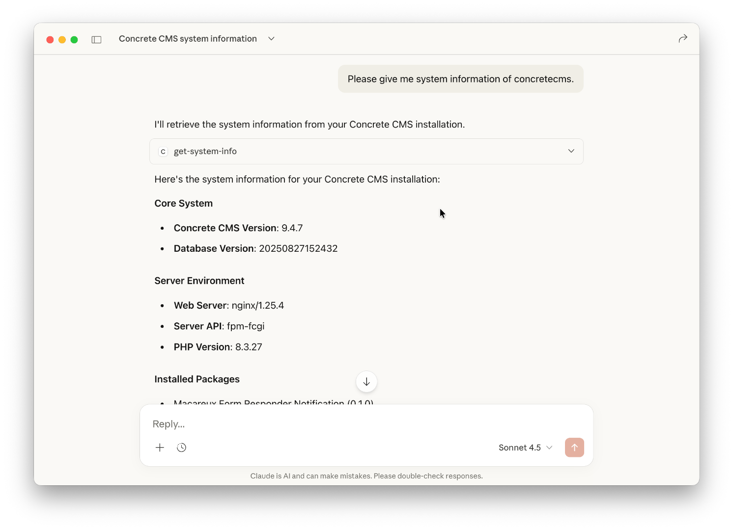 Claude から Concrete CMS のMCPサーバーを使用する様子の画面キャプチャ